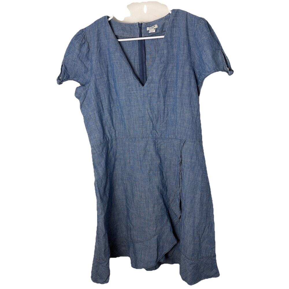 J.Crew Chambray Denim Dress Women 14 Blue Short Sleeve V-Neck Cotton